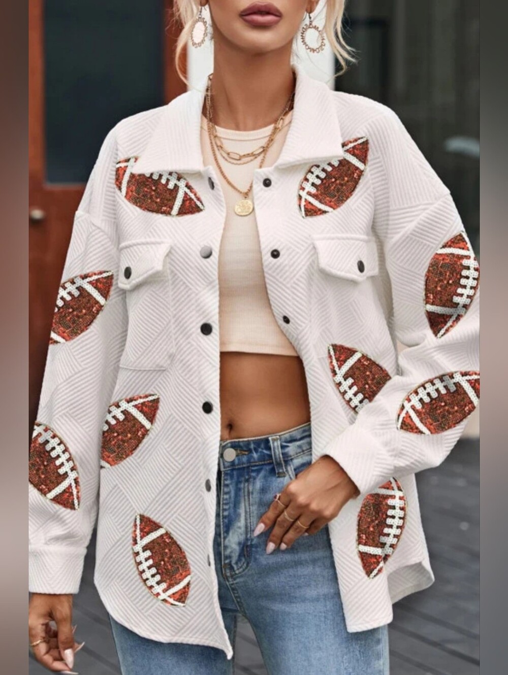 Tracie's Boutique Texture Sequined Football Shacket, Size Medium